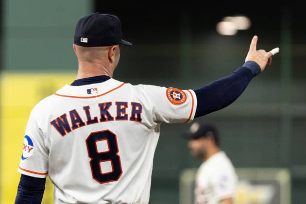 August 1, 2026, Houston, Texas, USA: Houston Astros first baseman CHRISTIAN WALKER (8) celebrates after getting Texas Rangers second baseman EZEQUIEL DURAN (20) out in the top of the second inning of a Major League Baseball game between the Texas Rangers and the Houston Astros, August 1, 2026, at Daikin Park in Houston, Texas. Houston USA - ZUMAg287 20260801_zsp_g287_004 Copyright: xMatthewxGuzmanx