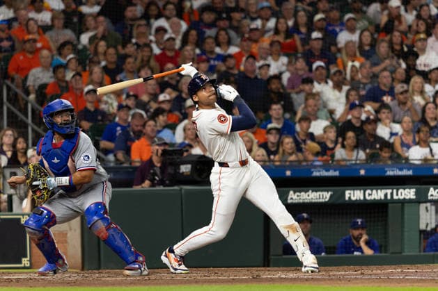 August 1, 2026, Houston, Texas, USA: Houston Astros right field CAM SMITH (11) hits a foul ball in the bottom of the second inning during a Major League Baseball game between the Texas Rangers and the Houston Astros, August 1, 2026, at Daikin Park in Houston, Texas. Houston USA - ZUMAg287 20260801_zsp_g287_006 Copyright: xMatthewxGuzmanx