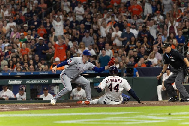 August 1, 2026, Houston, Texas, USA: Houston Astros designated hitter YORDAN ALVAREZ (44) slides for home base in the bottom of the fourth inning to score a run in a Major League Baseball game between the Texas Rangers and the Houston Astros, August 1, 2026, at Daikin Park in Houston, Texas. Houston USA - ZUMAg287 20260801_zsp_g287_035 Copyright: xMatthewxGuzmanx