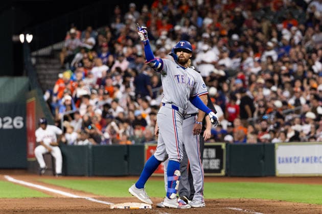 August 1, 2026, Houston, Texas, USA: Rangers outfielder BRANDON NIMMO (24) celebrates at first base after hitting a single in the top of the seventh inning of a Major League Baseball game between the Texas Rangers and the Houston Astros, August 1, 2026, at Daikin Park in Houston, Texas. Houston USA - ZUMAg287 20260801_zsp_g287_036 Copyright: xMatthewxGuzmanx