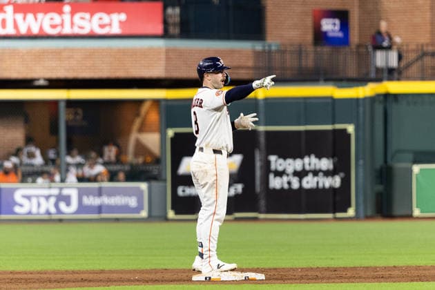 August 1, 2026, Houston, Texas, USA: Houston Astros first baseman CHRISTIAN WALKER (8) celebrates at second base after hitting a double in the bottom of the seventh inning of a Major League Baseball game between the Texas Rangers and the Houston Astros, August 1, 2026, at Daikin Park in Houston, Texas. Houston USA - ZUMAg287 20260801_zsp_g287_040 Copyright: xMatthewxGuzmanx