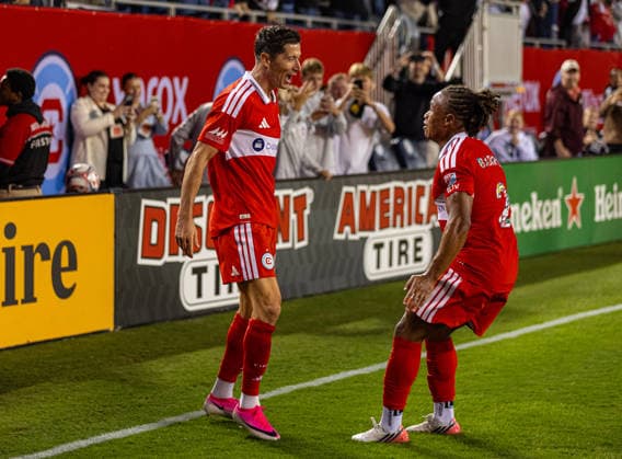 Football - Major League Soccer - Chicago Fire FC v Charlotte FC CHICAGO, USA - Saturday, August 1, 2026: Chicago Fire s Robert Lewandowski celebrates with team-mate Leonardo Barroso (R) after scoring the second goal during a Major League Soccer match between Chicago Fire FC and Charlotte FC at Soldier Field. Chicago won 2-1. (Photo by David Rawcliffe Propaganda) CHICAGO Soldier Field ILLINOIS UNITED STATES OF AMERICA  Copyright: xDavidxRawcliffex P2026-08-01-Chicago_Fire_Charlotte-32