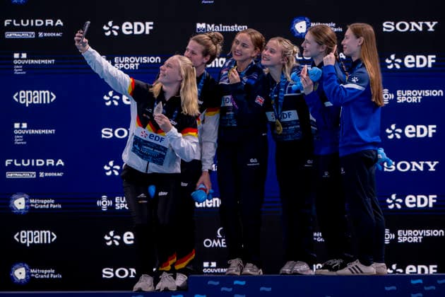 France, Paris, Centre Aquatique Olympique Metropole du Grand Paris, 01.08.2026, European Aquatics Championships Artistic Swimming, Day 1, Men™s 1m Springboard Final, Victory Ceremony Women™s 10m Platform Synchro, Silver Medal Winners Pauline Alexandra Pfeif and Elena Wassen of Germany, Gold Medal Winners Maisie Bond and Lois Toulson of Great Britan and Bronze Medal Winenrs Kseniia Bailo and Sofiia Vystavkina of Ukraine, Photo by Eibner Pressefoto Tino Henschel European Aquatics Championships Artistic Swimming, Day 1, Men™s 1m Springboard Final Paris *** France, Paris, Centre Aquatique Olympique Metropole du Grand Paris, August 1, 2026, European Aquatics Championships – Artistic Swimming, Day 1, Men’s 1-meter Springboard Final, Victory Ceremony for Women’s 10-meter Platform Synchronized Diving, Silver medalists Pauline Alexandra Pfeif and Elena Wassen of Germany, gold medalists Maisie Bond and Lois Toulson of Great Britain, and bronze medalists Kseniia Bailo and Sofiia Vystavkina of Ukraine, Photo by Eibner Pressefoto Tino Henschel European Aquatics Championships Artistic Swimming, Day 1, Men’s 1m Springboard Final, Paris Copyright: xEibnerxPressefotox