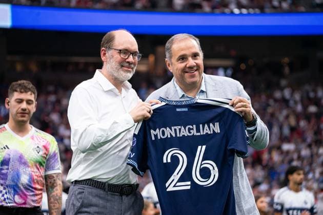 VANCOUVER, CANADA - AUGUST 1: Vancouver Whitecaps FC CEO and Sporting Director Axel Schuster and FIFA Vice President and Concacaf President Victor Montagliani pose for photos before the Major League Soccer match between Vancouver Whitecaps FC and Los Angeles FC at BC Place Stadium on August 1, 2026 in Vancouver, British Columbia, Canada.  Copyright: xAmyxElle SPPx Sportspressphoto_SPR199335