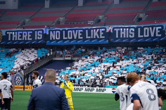 VANCOUVER, CANADA - AUGUST 1: Vancouver Whitecaps FC fan supporters hold up signs and a banner with a slogan is displayed before the Major League Soccer match between Vancouver Whitecaps FC and Los Angeles FC at BC Place Stadium on August 1, 2026 in Vancouver, British Columbia, Canada.  Copyright: xAmyxElle SPPx Sportspressphoto_SPR199342