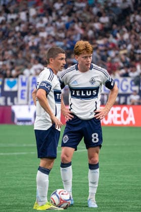 VANCOUVER, CANADA - AUGUST 1: Ryan Gauld of Vancouver Whitecaps FC and Oliver Larraz of Vancouver Whitecaps FC in action during the Major League Soccer match between Vancouver Whitecaps FC and Los Angeles FC at BC Place Stadium on August 1, 2026 in Vancouver, British Columbia, Canada.  Copyright: xAmyxElle SPPx Sportspressphoto_SPR199370