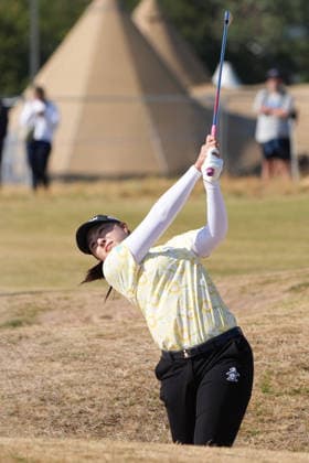 Golf: Women s British Open Rio Takeda of Japan hits out of a bunker on the 17th hole during the third round of the Women s British Open golf tournament on Aug. 1, 2026, at Royal Lytham &amp; St Annes Golf Club in Lytham St Annes, England.  A14AA0005624756P