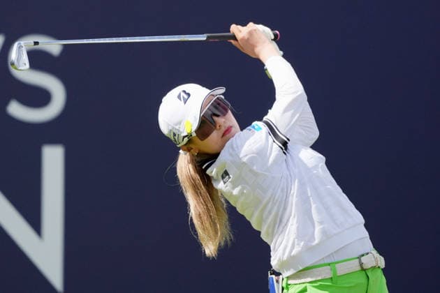 Golf: Women s British Open Shiho Kuwaki of Japan hits off the first tee during the third round of the Women s British Open golf tournament on Aug. 1, 2026, at Royal Lytham &amp; St Annes Golf Club in Lytham St Annes, England.  A14AA0005624767P
