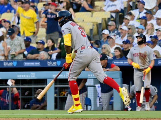Boston Red Sox center fielder Ceddanne Rafaela hits a solo home run against Los Angeles Dodger starting pitcher Yoshinobu Yamamoto in the third inning at Dodger Stadium in Los Angeles on Saturday, August 1, 2026.  LAP2026080102 JIMxRUYMEN