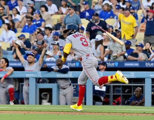 Boston Red Sox center fielder Ceddanne Rafaela tosses his bat after hitting a solo home run against Los Angeles Dodger starting pitcher Yoshinobu Yamamoto in the third inning at Dodger Stadium in Los Angeles on Saturday, August 1, 2026.  LAP2026080103 JIMxRUYMEN