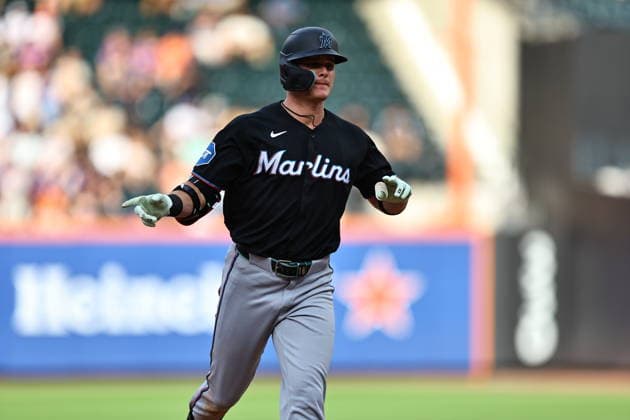 MLB, Baseball Herren, USA Miami Marlins Vs. New York Mets Miami Marlins Griffin Conine 18 rounds the bases after hitting a home run during the sixth inning of a baseball game against the New York Mets at Citi Field in Flushing, New York, on August 1, 2026. Flushing N.Y. United States  Copyright: xGordonxDonovanx originalFilename:donovan-mlbmiami260801_npGF9.jpg