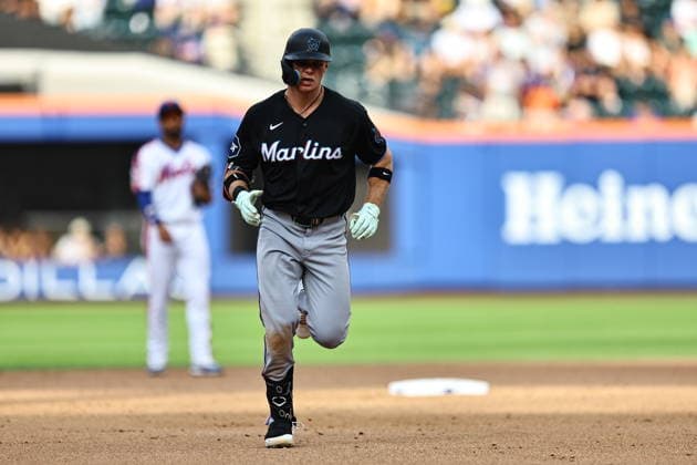 MLB, Baseball Herren, USA Miami Marlins Vs. New York Mets Miami Marlins Griffin Conine 18 rounds the bases after hitting a home run during the sixth inning of a baseball game against the New York Mets at Citi Field in Flushing, New York, on August 1, 2026. Flushing N.Y. United States  Copyright: xGordonxDonovanx originalFilename:donovan-mlbmiami260801_npQ5i.jpg