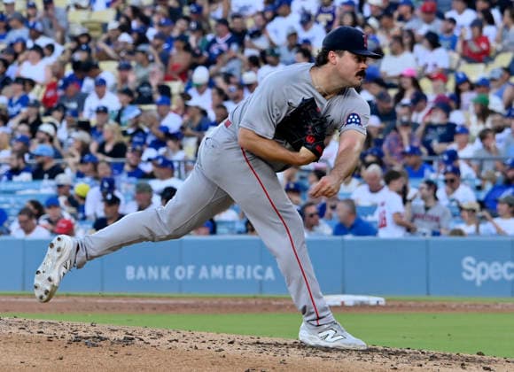 Boston Red Sox staring pitcher Peyton Tolle delivers in the fourth inning against the Los Angeles Dodgers at Dodger Stadium in Los Angeles on Saturday, August 1, 2026.  LAP2026080118 JIMxRUYMEN