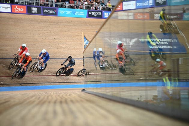 Glasgow 2026 Commonwealth Games Picture by Olly Hassell SWpix.com - 02 08 2026 - Glasgow 2026 Commonwealth Games - Track cycling, Rad, Radsport, Bahnrad, Bahn and Para Track Cycling - Sir Chris Hoy Velodrome, Glasgow, Scotland - Men s 40km Points Race - Qualifying Round - Matthew Bostock of Isle of Man, Henry Hobbs of England, Logan Maclean of Scotland, Keegan Hornblow of New Zealand Glasgow Sir Chris Hoy Velodrome Scotland Copyright: x xSWpix.comx(t axPhotographyxHubxLtd)xOllyxHassell SWpix.comx SWP-3030-17459