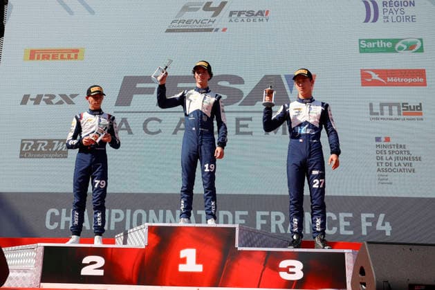 AUTO - CHAMPIONNAT DE FRANCE FFSA F4 2026 - MAGNY-COURS 19 BOUZAR Guillaume (FRA),Mygale M21-F4, 79 RAMAEKERS Thibaut (BEL),Mygale M21-F4, 27 DUSSOL Tom (FRA),Mygale M21-F4, podium during the 4th round of the Championnat de France FFSA F4 2026, from July 31 to August 2, 2026 on the Circuit de Nevers Magny-Cours, in Magny-Cours, France -  Copyright: xGREGORYxLENORMANDx