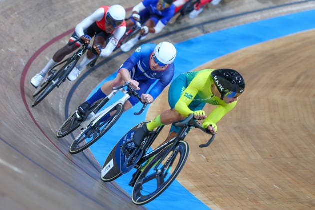 2nd August 2026; Glasgow, Scotland; 2026 Commonwealth Games, Final Day; Sir Chris Hoy Velodrome, Track cycling, Rad, Radsport, Bahnrad, Bahn Mens 40km Points Race, Blake Agnoletto (AUS) leads out Logan Hobbs (SCO) and Jadian Neaves (TTO) in heat one RogerxEvans