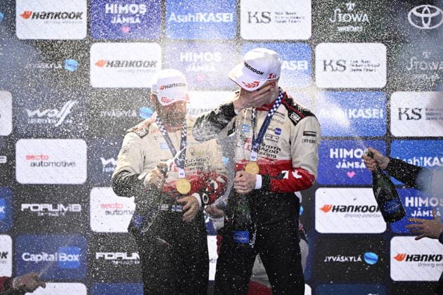 LKS 20260802 Winner driver Sami Pajari and co-driver Marko Salminen of Finland celebrate on the podium at the WRC, Motorsport Rallye, WM Rally Finland in Jyväskylä, Finland on August 2, 2026. - RONI REKOMAA Jämsä Finland qt30bbRVAd8  Copyright: xRonixRekomaax qt30bbRVAd8
