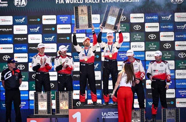 LKS 20260802 Winner driver Sami Pajari and co-driver Marko Salminen of Finland, Oliver Solberg and co-driver Elliott Edmondson of Sweden placed 2nd and Elfyn Evans and co-driver Scott Martin of GBR placed 3rd celebrate on the podium at the WRC, Motorsport Rallye, WM Rally Finland in Jyväskylä, Finland on August 2, 2026. - RONI REKOMAA Jämsä Finland aoN2b4IfZ8M  Copyright: xRonixRekomaax aoN2b4IfZ8M
