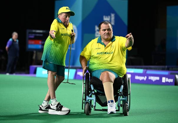 COM26 BOWLS, James Reynolds (L) and Damien Delgado of Australia during the Para Mens Pairs B6-B8 Gold Medal match between Australia and New Zealand during the Glasgow 2026 Commonwealth Games at SEC Centre Hall 3 in Glasgow, Scotland, Sunday, August 2, 2026. ( NO ARCHIVING, EDITORIAL USE ONLY Glasgow Scotland United Kingdom  Copyright: xJOELxCARRETTx 20260802165402036200