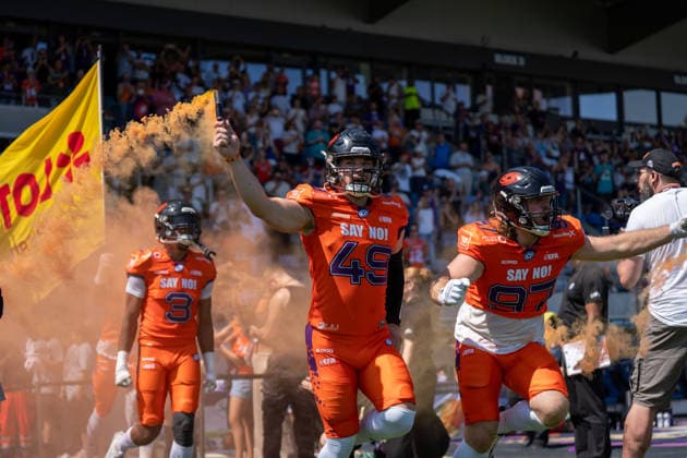 02.08.2026, xhfmx, American Football EFA European Football Alliance, Frankfurt Galaxy - Nordic Storm v.l. Tim Steins (Galaxy Frankfurt, 49), Leander Strathmann (Galaxy Frankfurt, 97) bein Einlauf (DFL DFB REGULATIONS PROHIBIT ANY USE OF PHOTOGRAPHS as IMAGE SEQUENCES and or QUASI-VIDEO) Frankfurt am Main *** August 2, 2026, xhfmx, American Football EFA European Football Alliance, Frankfurt Galaxy vs. Nordic Storm, Tim Steins, Galaxy Frankfurt, 49, Leander Strathmann, Galaxy Frankfurt, 97 during the pregame walkout. DFL and DFB regulations prohibit any use of photographs as image sequences and or quasi-video. Frankfurt am Main