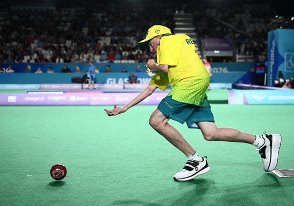 COM26 BOWLS, James Reynolds of Australia bowls during the Para Mens Pairs B6-B8 Gold Medal match between Australia and New Zealand during the Glasgow 2026 Commonwealth Games at SEC Centre Hall 3 in Glasgow, Scotland, Sunday, August 2, 2026. ( NO ARCHIVING, EDITORIAL USE ONLY Glasgow Scotland United Kingdom  Copyright: xJOELxCARRETTx 20260802175672335302