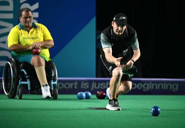 COM26 BOWLS, Kurt Smith of New Zealand bowls during the Para Mens Pairs B6-B8 Gold Medal match between Australia and New Zealand during the Glasgow 2026 Commonwealth Games at SEC Centre Hall 3 in Glasgow, Scotland, Sunday, August 2, 2026. ( NO ARCHIVING, EDITORIAL USE ONLY Glasgow Scotland United Kingdom  Copyright: xJOELxCARRETTx 20260802135386698550