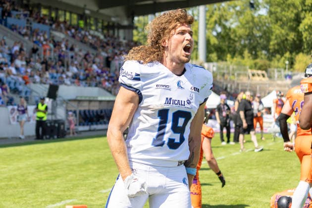 EFA - European Football Alliance: Frankfurt Galaxy - Nordic Storm, 02.08.2026 Brendan Beaulieu (Nordic Storm 19) feiert seinen Touchdown, Frankfurt Galaxy - Nordic Storm, Frankfurt, PSD Bank Arena, 2.8.2026 *** EFA European Football Alliance Frankfurt Galaxy vs. Nordic Storm, August 2, 2026 Brendan Beaulieu of Nordic Storm 19 celebrates his touchdown, Frankfurt Galaxy vs. Nordic Storm, Frankfurt, PSD Bank Arena, August 2, 2026 Copyright: xBEAUTIFULxSPORTS Gawlikx