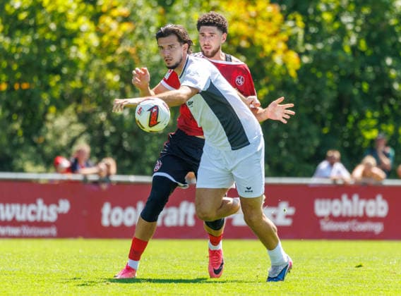 02.08.2026 - Fussball - Saison 2026 2027 - Testspiel Freundschaftsspiel Vorbereitungsspiel: 1. FC Nürnberg Nuernberg FCN ( Club ) - FSV Frankfurt - Sportfoto Zink DaMa - xdaxmax - Filip Pandza (17, FSV Frankfurt ) Khalid Abu El Haija (44, 1. FC Nürnberg FCN ) *** August 2, 2026 Soccer Season 2026–2027 Exhibition Match Friendly Match Preseason Match 1. FC Nürnberg Nuremberg FCN Club FSV Frankfurt Sports Photo Zink DaMa xdaxmax Filip Pandza 17, FSV Frankfurt Khalid Abu El Haija 44, 1 FC Nuremberg FCN