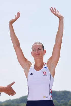 RECORD DATE NOT STATED 2nd August 2026; Lake Varese, Varese, Lombardy, Italy; 2026 European Rowing Championships, Day Three; the medal ceremony, Women& x2019;s Single Sculls (W1x), Serbia bronze medallists Jovana Arsic AnthonyxBenoit