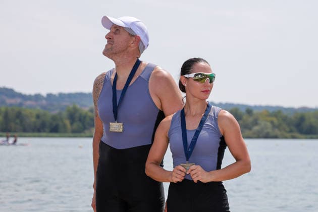 RECORD DATE NOT STATED 2nd August 2026; Lake Varese, Varese, Lombardy, Italy; 2026 European Rowing Championships, Day Three; the medal ceremony, PR3 Mixed Double Sculls (PR3 Mix2x), Individual Neutral Athletes (AIN) bronze medallists AnthonyxBenoit