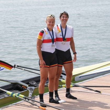 Sport Bilder des Tages RECORD DATE NOT STATED 2nd August 2026; Lake Varese, Varese, Lombardy, Italy; 2026 European Rowing Championships, Day Three; the medal ceremony, Mixed Double Sculls (Mix2x), Germany silver medallists AnthonyxBenoit