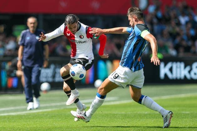 2026-08-02 Feyenoord v Atalanta Bergamo - Pre Season Friendly ROTTERDAM, NETHERLANDS - AUGUST 2: Anis Hadj Moussa of Feyenoord is challenged by Berat Djimsiti of Atalanta Bergamo during the Pre Season Friendly match between Feyenoord and Atalanta Bergamo at Stadion Feijenoord on August 2, 2026 in Rotterdam, Netherlands. Rotterdam Stadion Feijenoord Netherlands Content not available for redistribution in The Netherlands directly or indirectly through any third parties. Copyright: xHansxvanxderxValkx