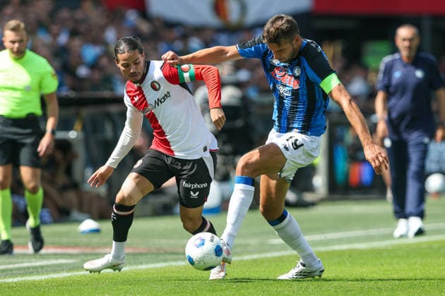 2026-08-02 Feyenoord v Atalanta Bergamo - Pre Season Friendly ROTTERDAM, NETHERLANDS - AUGUST 2: Anis Hadj Moussa of Feyenoord battles for the ball with Berat Djimsiti of Atalanta Bergamo during the Pre Season Friendly match between Feyenoord and Atalanta Bergamo at Stadion Feijenoord on August 2, 2026 in Rotterdam, Netherlands. Rotterdam Stadion Feijenoord Netherlands Content not available for redistribution in The Netherlands directly or indirectly through any third parties. Copyright: xHansxvanxderxValkx