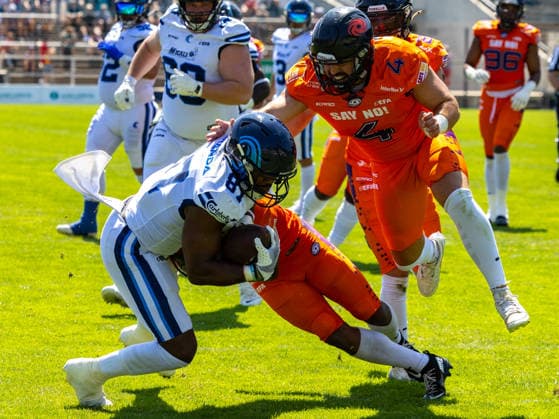 Sport Bilder des Tages Tackle at 87 Roberto Miranda (Tight End) Nordic Storm Frankfurt Galaxy vs Nordic Storm, American Football, American Football League Europe, Week 12, 2026, 02.08.2026, Frankfurt am Main PSD Bank Arena Germany Copyright: xPFA ChristopherxMettkenx