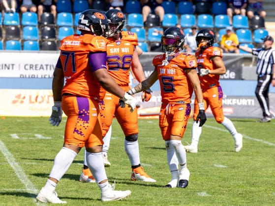 71 Frank Atunlese (Offensive Tackle) Frankfurt Galaxy and 5 Paul Kavadia-Lenhardt (Wide Receiver) Frankfurt Galaxy celebration. Frankfurt Galaxy vs Nordic Storm, American Football, American Football League Europe, Week 12, 2026, 02.08.2026, Frankfurt am Main PSD Bank Arena Germany Copyright: xPFA ChristopherxMettkenx