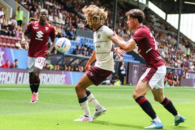 BURNLEY, ENGLAND - AUGUST 2: Hannibal Mejbri of Burnley controls the ball during the pre-season friendly match between Burnley and Torino at Turf Moor on August 2, 2026 in Burnley, England.  Copyright: xSeanxChandlerx xSPPx Sportspressphoto_SPR199424