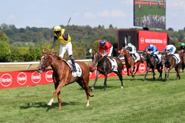 02.08.2026, Duesseldorf, Nordrhein-Westfalen, GER - Soreanga mit Eduardo Pedroza gewinnt den Henkel 168. Preis der Diana. Galopprennbahn Duesseldorf-Grafenberg. (Pferd, Jockey, Soreanga, Pedroza, Sieg, Ziel, Zielankunft) 260802SG990DUESSELDORF.JPG *** August 2, 2026, Düsseldorf, North Rhine-Westphalia, GER: Soreanga, ridden by Eduardo Pedroza, wins the Henkel 168 Preis der Diana at the Düsseldorf-Grafenberg Racetrack. Horse, jockey, Soreanga, Pedroza, Victory, Finish, Finish Line 260802SG990DUESSELDORF JPG