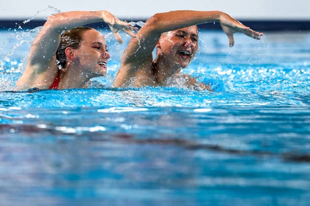 Isabelle Thorpe, Ranjuo Tomblin of Great Britain compete in the artistic swimming Duet Tech Mixed Final during the European Aquatics Championships at the Olympic Aquatic Center in Paris (France), August 2, 2026. Andrea Staccioli