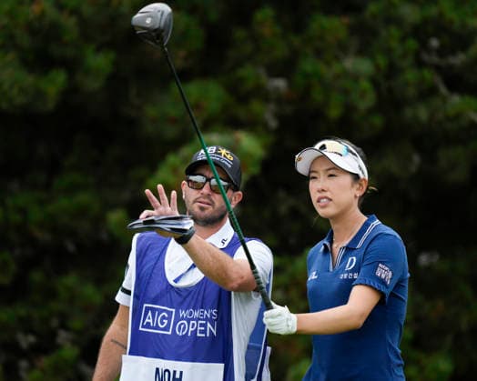 LYTHAM, ENGLAND - AUGUST 2: Yealimi Noh (USA) gets advice from her caddie on the 7th tee during Round 4 at the 50th AIG Women™s Open Championship at the Royal Lytham and St Anne™s Golf Club, Lytham on August 2, 2026 in Lancashire, England The 50th AIG Women™s Open Championship