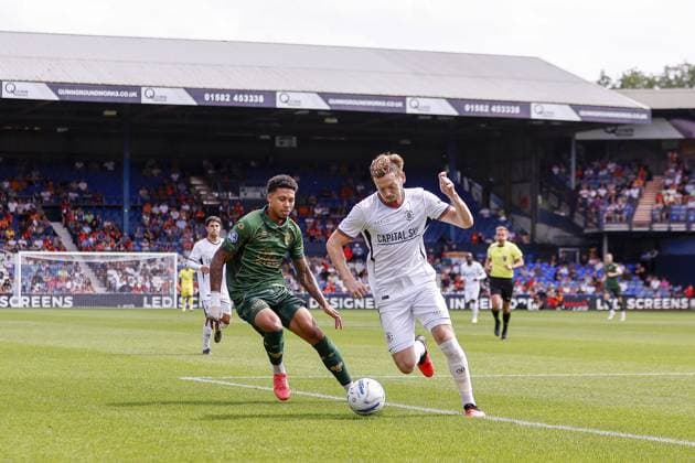 LUTON , 02-08-2026 , Kenilworth Road , season 2026 2027 , Dutch Pre-season football . friendly match between Luton Town and Go Ahead Eagles, final result 0-1, GA Eagles player Richonell Margaret Luton FC player Callum Marshall Luton Town - Go Ahead Eagles (friendly)  x205411123x Copyright: