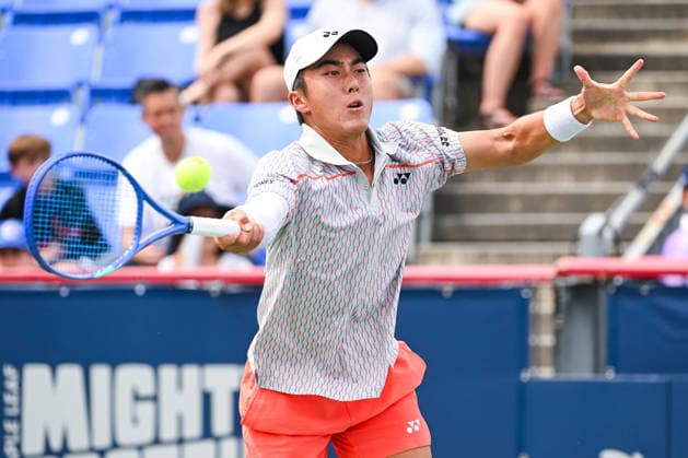MONTREAL, QC - AUGUST 02: Rinky Hijikata (AUS) returns the ball during a first round match at National Bank Open on August 02, 2026 at IGA Stadium in Montreal, QC (Photo by David Kirouac Icon Sportswire) TENNIS: AUG 02 National Bank Open EDITORIAL USE ONLY Icon26080200226