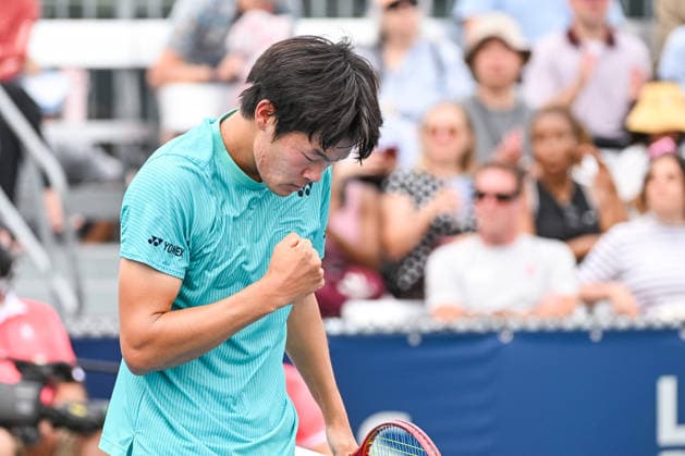 MONTREAL, QC - AUGUST 02: Michael Zheng (USA) reacts after winning a point during a first round match at National Bank Open on August 02, 2026 at IGA Stadium in Montreal, QC (Photo by David Kirouac Icon Sportswire) TENNIS: AUG 02 National Bank Open EDITORIAL USE ONLY Icon26080202426