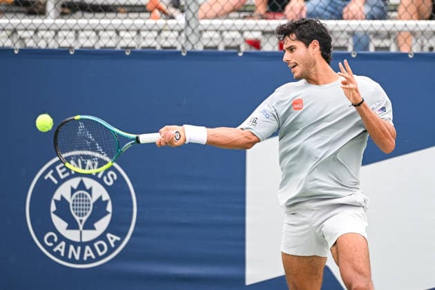MONTREAL, QC - AUGUST 02: Adolfo Daniel Vallejo (PAR) returns the ball during a first round match at National Bank Open on August 02, 2026 at IGA Stadium in Montreal, QC (Photo by David Kirouac Icon Sportswire) TENNIS: AUG 02 National Bank Open EDITORIAL USE ONLY Icon26080203226