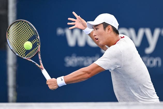 MONTREAL, QC - AUGUST 02: Juncheng Shang (CHN) returns the ball during a first round match at National Bank Open on August 02, 2026 at IGA Stadium in Montreal, QC (Photo by David Kirouac Icon Sportswire) TENNIS: AUG 02 National Bank Open EDITORIAL USE ONLY Icon26080204026