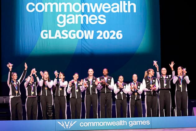 New Zealand Silver Ferns v Jamaica Commonwealth Games Netball Final New Zealand Silver Ferns line up with their gold medals at the medal ceremony, New Zealand Silver Ferns v Jamaica, Grand Final netball match of the 2026 Glasgow Commonwealth Games at OVO Hydro, Glasgow, Scotland on Sunday 2 August 2026. Photo: Jayne Russell Glasgow Scotland Copyright: xx