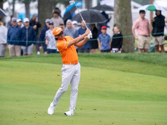 DETROIT, MI - AUGUST 02: Rickie Fowler (USA) hits the ball on the fairway during the final round of the Rocket Classic at Detroit Golf Club on August 02, 2026, in Detroit, Michigan. (Photo by Joseph Weiser Icon Sportswire) GOLF: AUG 02 PGA, Golf Herren Rocket Classic EDITORIAL USE ONLY Icon260802035