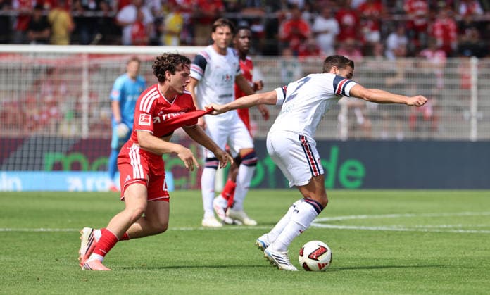 Duje Sliskovic, Harry Winks am Ball Zweikampf Spielszene Aktion Fußball Fussball Bundesliga Herren DFL Testspiel Saison 2026 2027 02.08.2026 1.FC Union Berlin FCU vs. Cagliari Calcio DFL regulations prohibit any use of photographs as image sequences and or quasi-video. *** Duje Sliskovic, Harry Winks with the ball, tackle, game scene, action, sports, soccer, Bundesliga, men s, DFL, friendly match, 2026–2027 season, February 8, 2026, 1. FC Union Berlin (FCU) vs. Cagliari Calcio. DFL regulations prohibit any use of photographs as image sequences and or quasi-video.