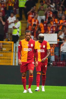 ISTANBUL, TURKEY - AUGUST 2: Victor Osimhen (back) of Galatasaray celebrates after scoring the first goal of his team with Leroy Sane ( front) during the during the pre-season friendly match between Galatasaray SK and Rennes at Rams Park Stadium on August 2, 2026 in Istanbul, Turkey. Istanbul Turkey Copyright: xSeskimphotox GSaray-Rennes-020826 (9)