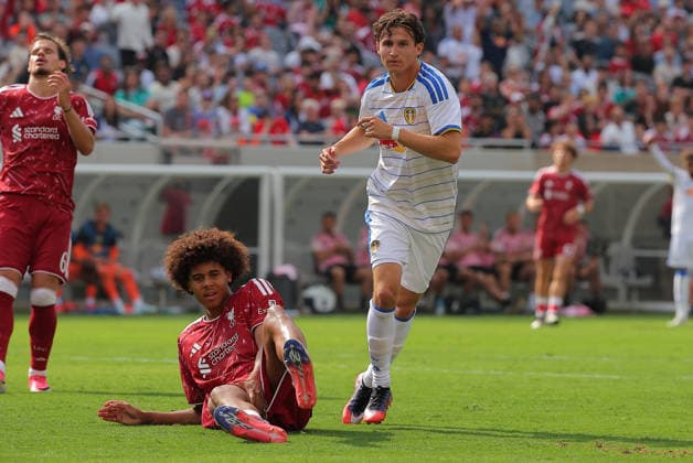 CHICAGO, IL - AUGUST 02: Brenden Aaronson 11 of Leeds United looks on after scoring during a friendly match between Liverpool FC and Leeds United on August 2, 2026 at Soldier Field in Chicago, Illinois.(Photo by Melissa Tamez Icon Sportswire) SOCCER: AUG 02 Leeds United v Liverpool EDITORIAL USE ONLY Icon260802018