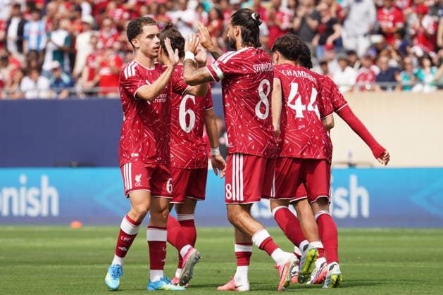Liverpool players react during a friendly match between Liverpool and Leeds at Soldier Field in Chicago, USA, 02 August 2026. Amistoso internacional: Liverpool - Leeds !ACHTUNG: NUR REDAKTIONELLE NUTZUNG!  Copyright: xKennethxFernándezx AME5463 20260803-55021059737_1